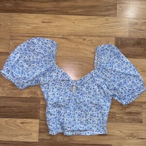 Chic Blue Floral Puff Sleeve Blouse
